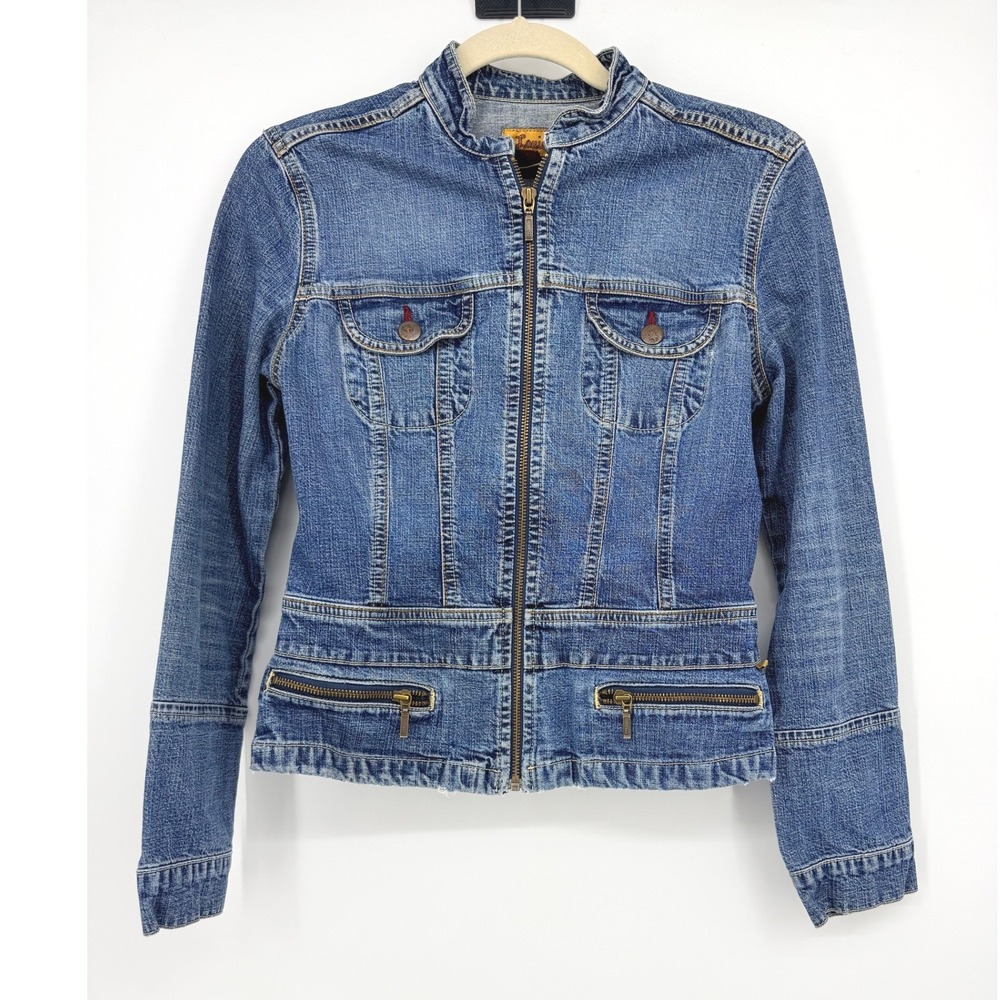 Louie Womens Medium Wash Denim Zip Up Moto Jacket Blue Size 4 Mock Neck Pocket